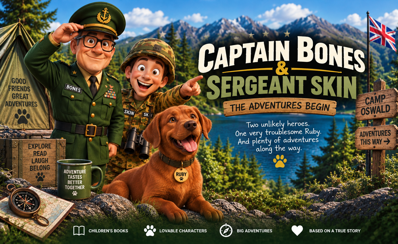 Captain Bones, Sergeant Skin and Ruby on a camping adventure